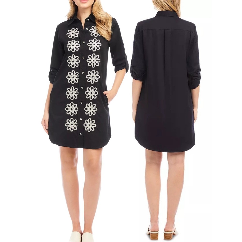 NWT Karen Kane M Embroidered Shirtdress Black White Floral with Pockets Roll Tab